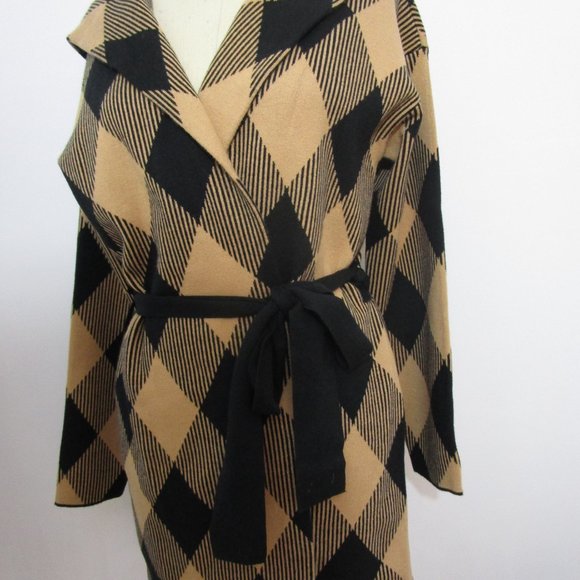 NWT Hooded Wrap Cardigan Sweater Diamond Plaid Check Camel Black - Picture 2 of 11